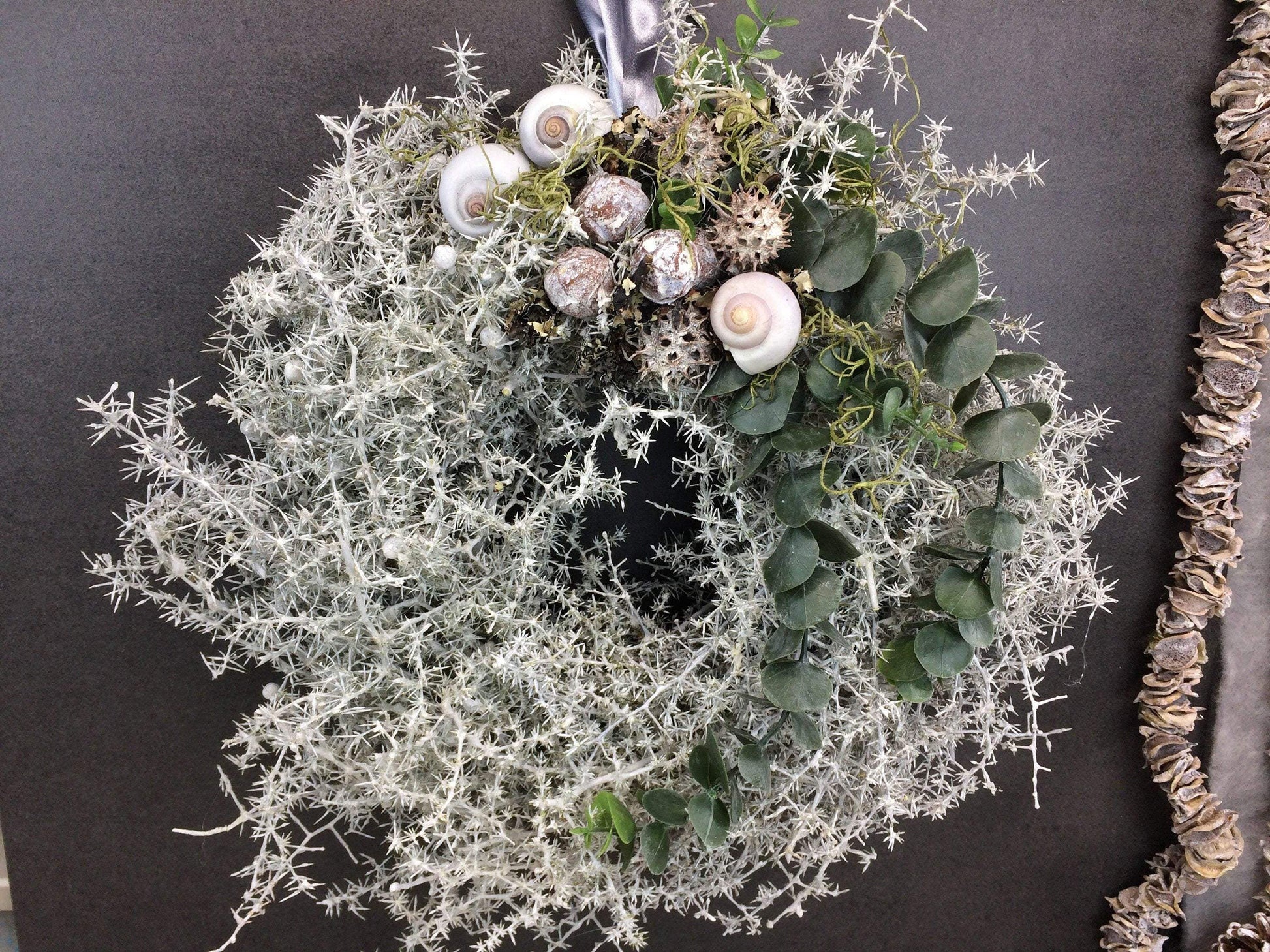 Türkranz Kranz Natur Trockenmaterial Handgebunden Modern ganzjährig Türschmuck Wachs Wachskranz gewachst Weiß Asparagus Eukalyptus Schnecke – handgemacht aus Seiden- und Kunstblumen, langlebig & pflegeleicht von SarahsFlowerStudio