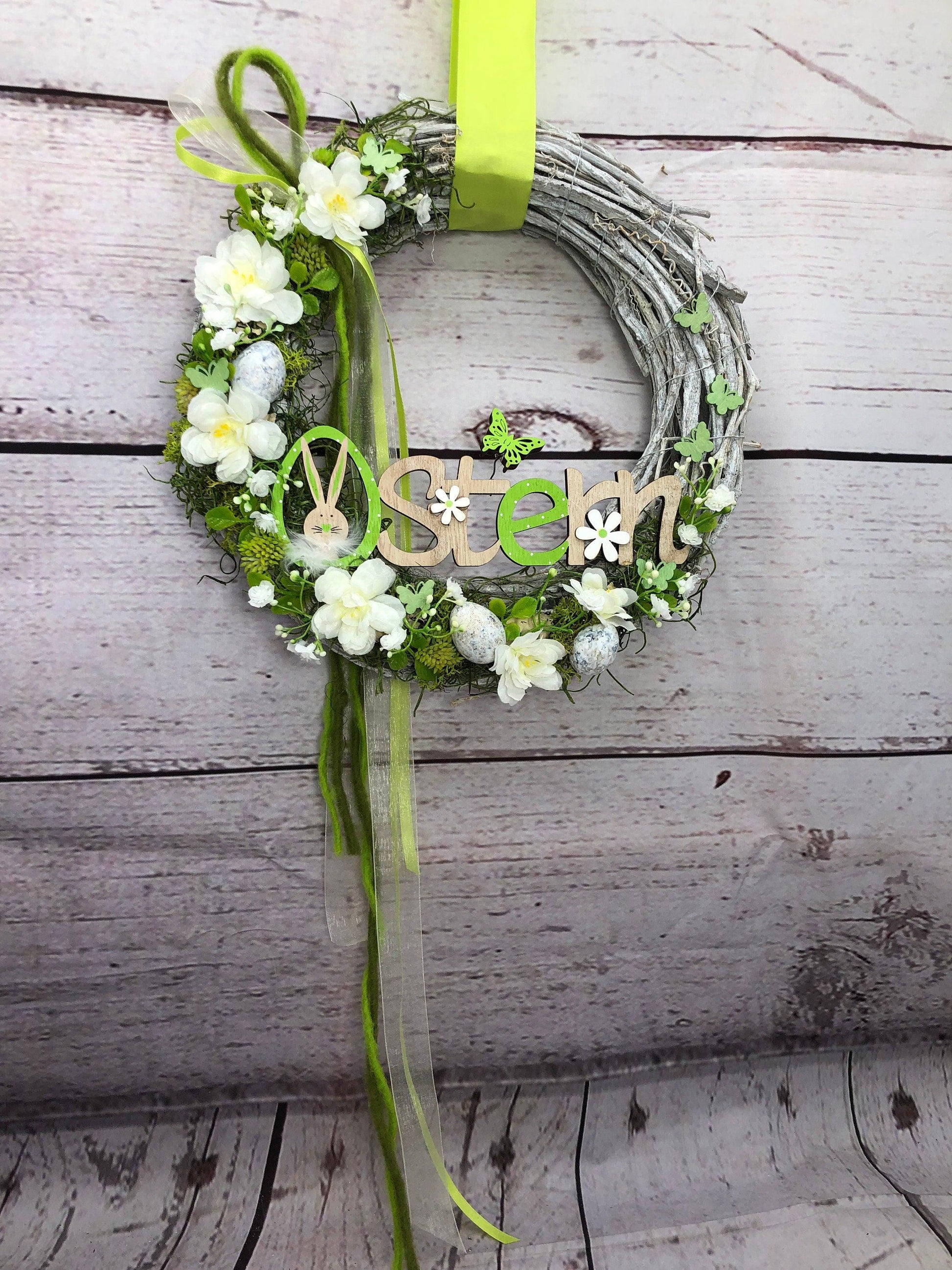 Osterkranz Türkranz mit Hasen, Maiglöckchen & Eiern – Frühlingsdeko Seidenblumen – Türkranz – SarahsFlowerStudio
