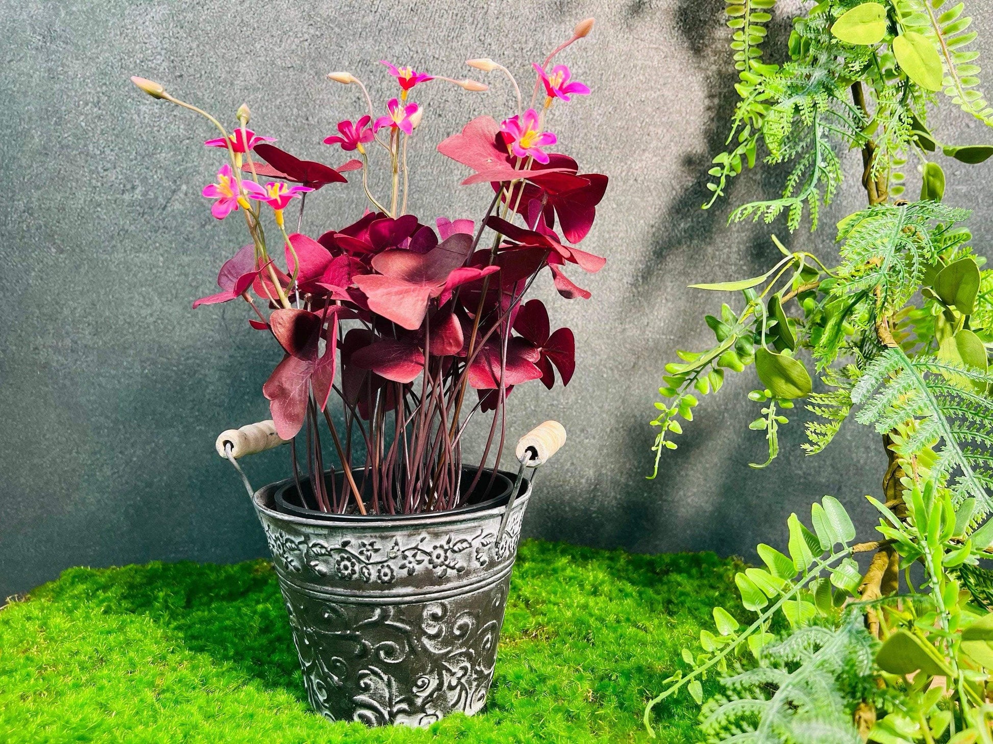 Klee Kleepflanze Glücksklee Dreiblättriger Klee Rot Künstlich Topf Metalltopf Eimer Metalleimer Pflanze Künstlich Kunstblumen Faux Flower – handgemacht aus Seiden- und Kunstblumen, langlebig & pflegeleicht von SarahsFlowerStudio