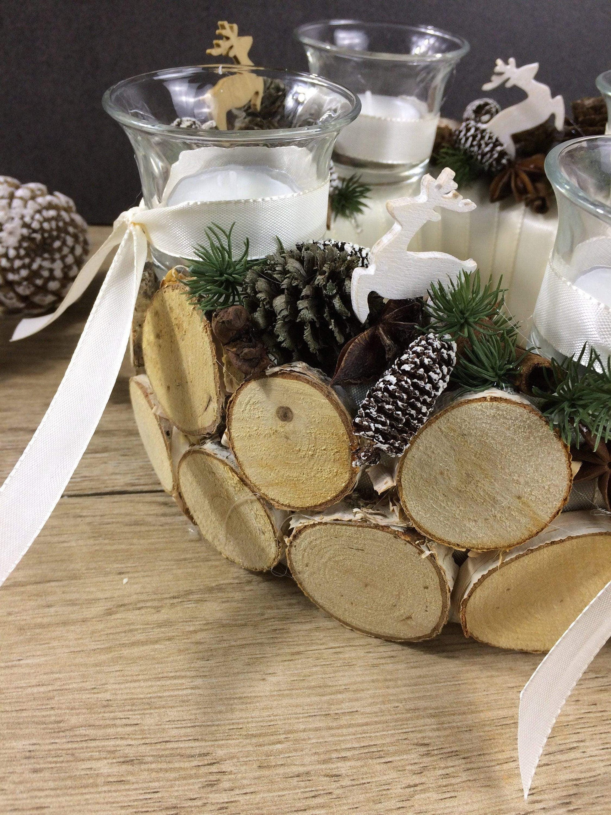 Adventskranz Wunschfarbe Hirsch Zapfen Birke Wunschfarbe Teelicht Anis Zimt – handgemacht aus Seiden- und Kunstblumen, langlebig & pflegeleicht von SarahsFlowerStudio