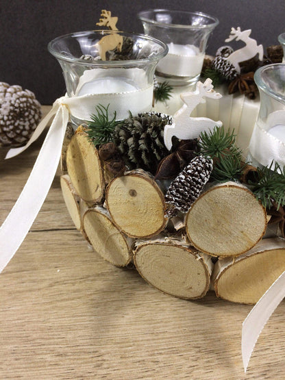Adventskranz Wunschfarbe Hirsch Zapfen Birke Wunschfarbe Teelicht Anis Zimt – handgemacht aus Seiden- und Kunstblumen, langlebig & pflegeleicht von SarahsFlowerStudio