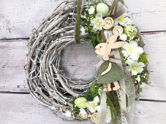 Türkranz Ostern mit Hasen, Eiern & Schleierkraut – Frühlingskranz Seidenblumen – Türkranz – SarahsFlowerStudio