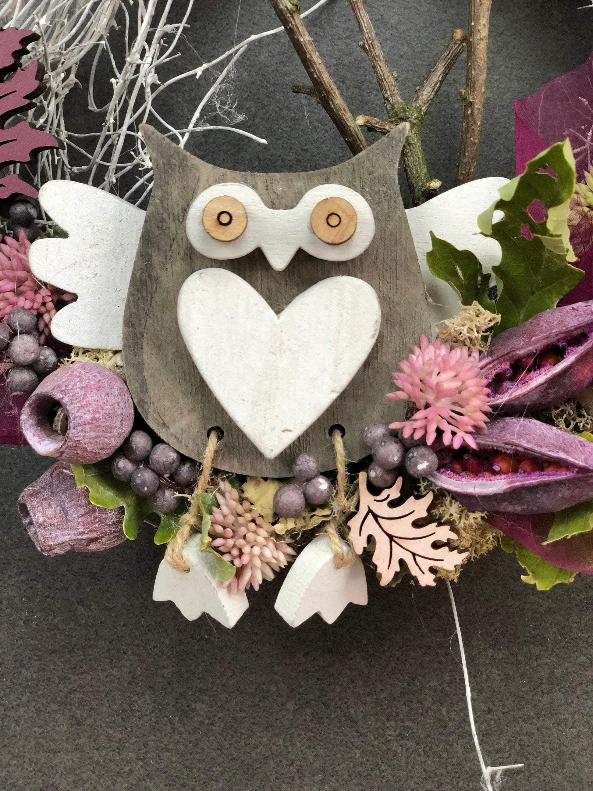 Türkranz 22cm Türdeko Türschmuck Eule Modern Tür Schmuck Herbst herbstlich ganzjährig Herbst – handgemacht aus Seiden- und Kunstblumen, langlebig & pflegeleicht von SarahsFlowerStudio