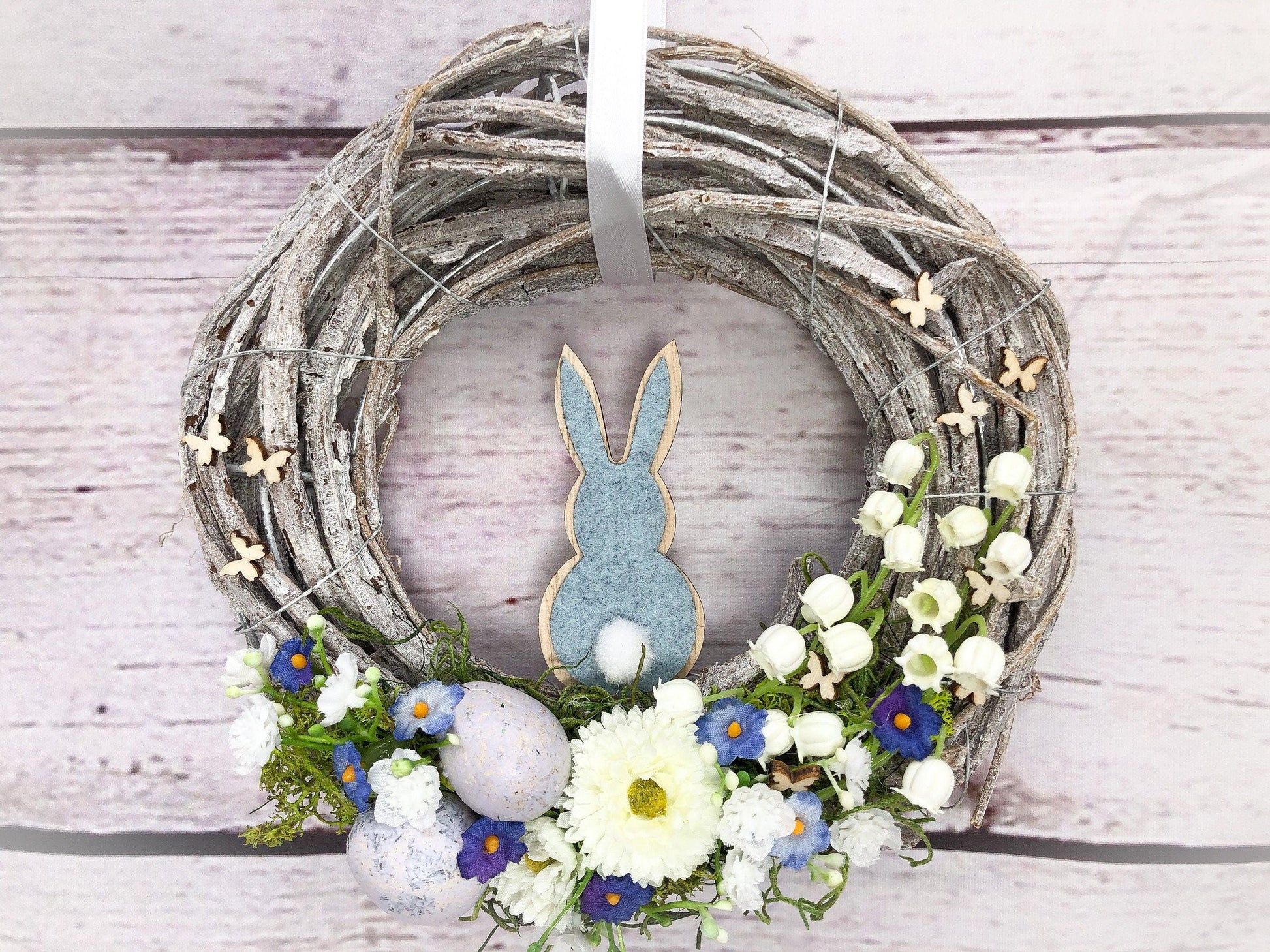 Türkranz Ostern Schleierkraut & Hasen – Frühlingskranz Seidenblumen handgefertigt – Türkranz – SarahsFlowerStudio