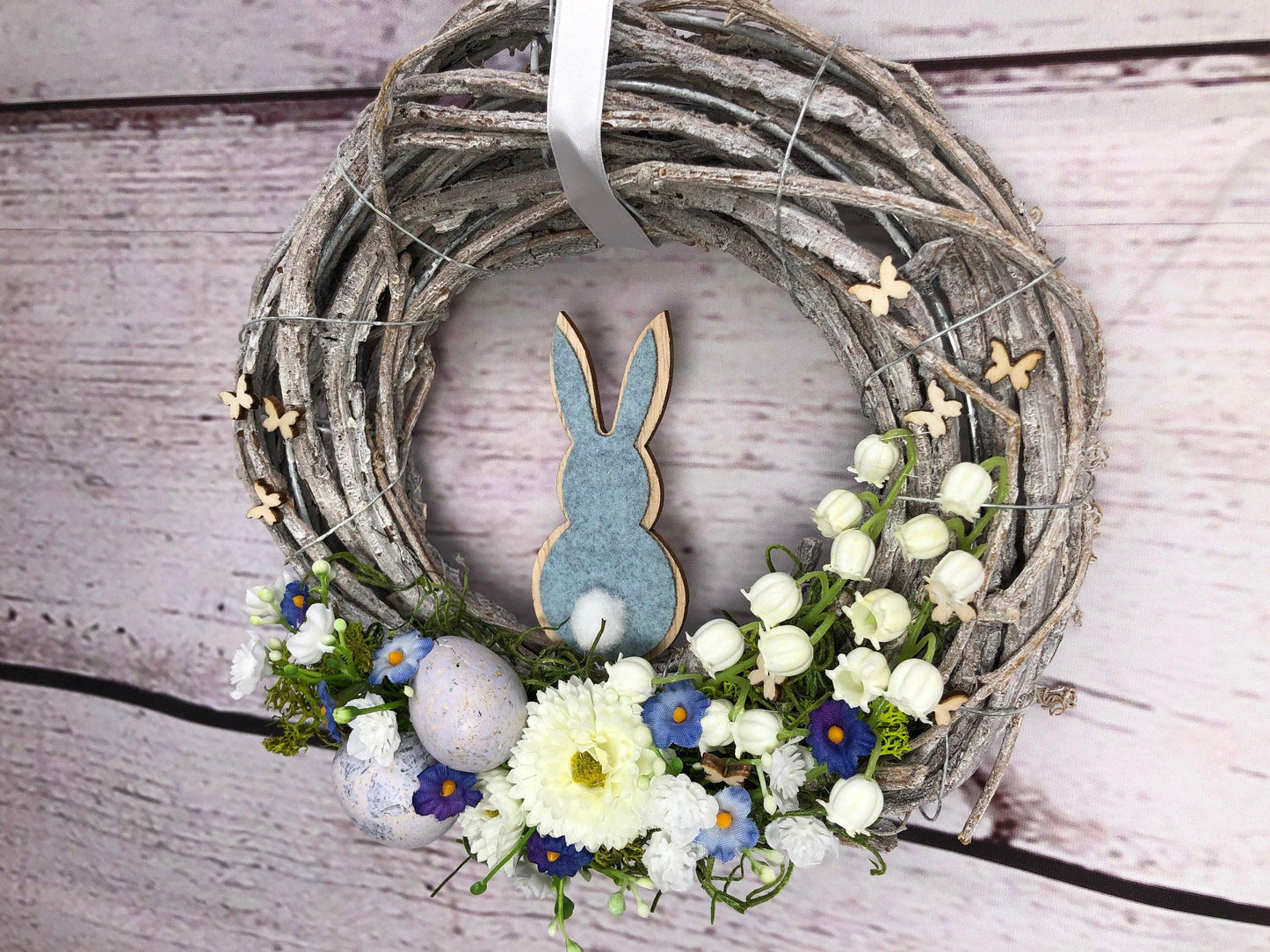 Türkranz Ostern Schleierkraut & Hasen – Frühlingskranz Seidenblumen handgefertigt – Türkranz – SarahsFlowerStudio