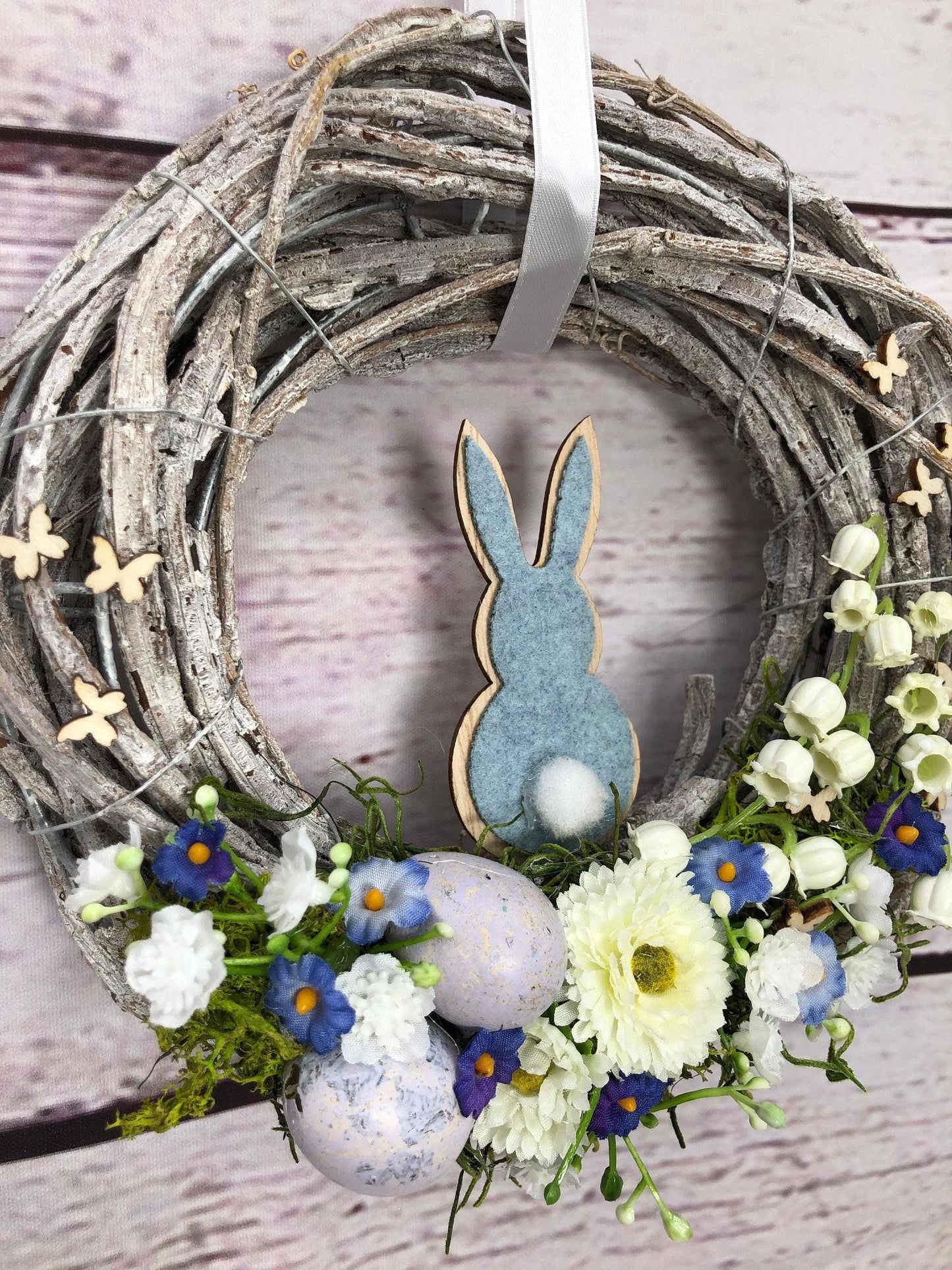 Türkranz Ostern Schleierkraut & Hasen – Frühlingskranz Seidenblumen handgefertigt – Türkranz – SarahsFlowerStudio