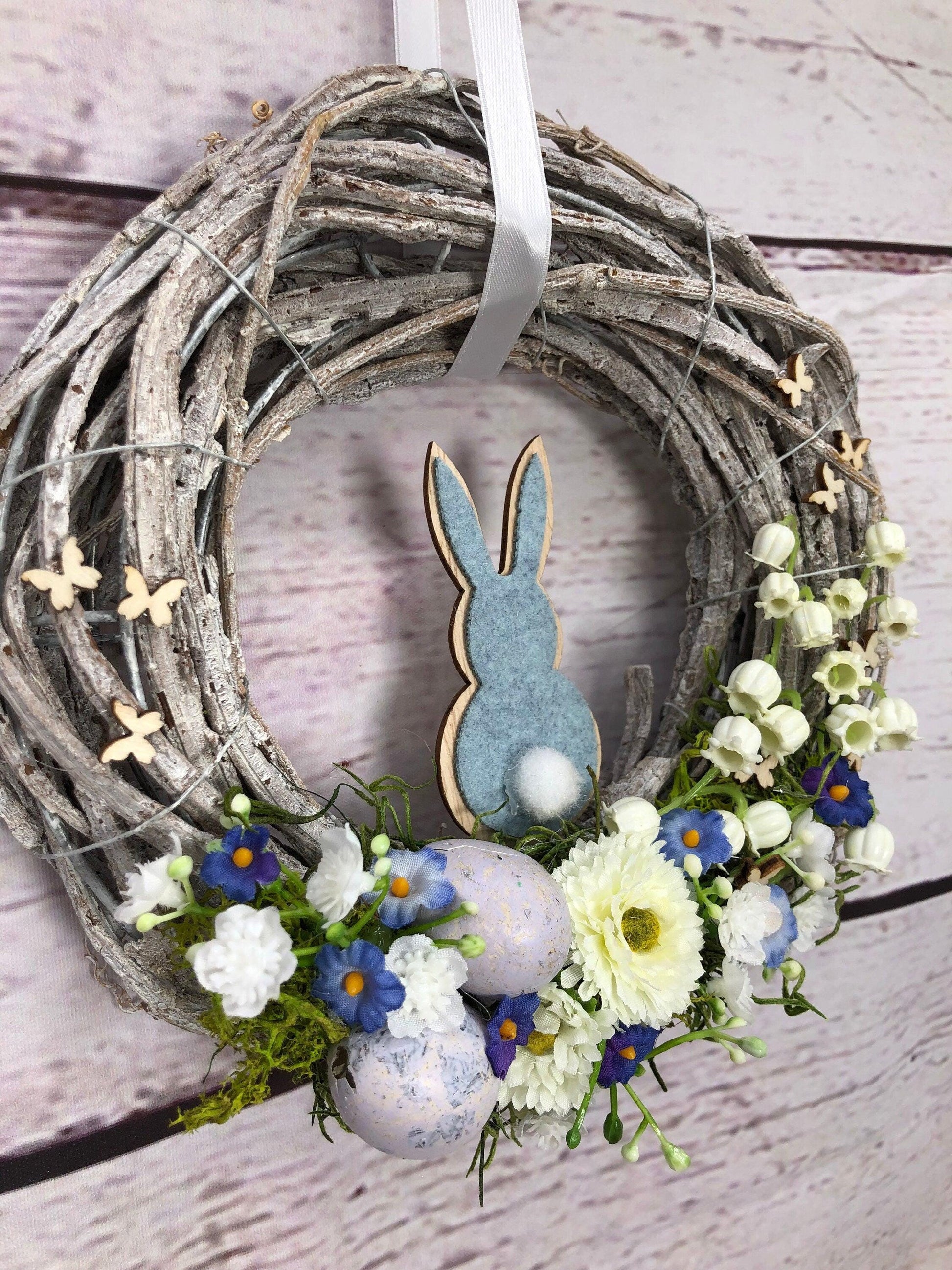 Türkranz Ostern Schleierkraut & Hasen – Frühlingskranz Seidenblumen handgefertigt – Türkranz – SarahsFlowerStudio