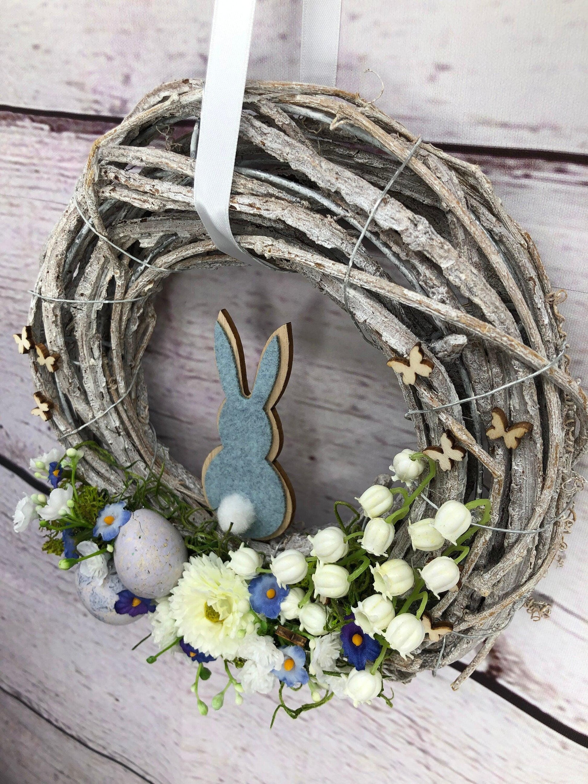 Türkranz Ostern Schleierkraut & Hasen – Frühlingskranz Seidenblumen handgefertigt – Türkranz – SarahsFlowerStudio