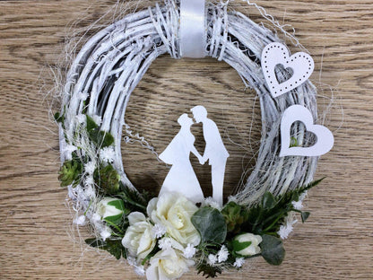 Türkranz 20cm Türdeko Türschmuck Hochzeit Rosen Schleierkraut Hochzeitspaar Weiß SukkulentenModern ganzjährig Tür Schmuck Herbst – handgemacht aus Seiden- und Kunstblumen, langlebig & pflegeleicht von SarahsFlowerStudio