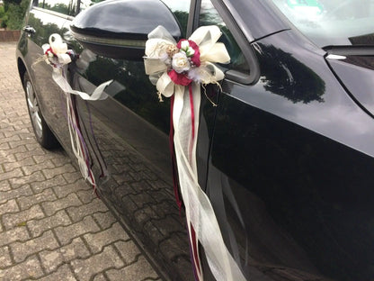 2 Autoschleifen für Seitenspiegel Kirchenbank in Wunschfarbe große Schleife Dekoration Rose – handgemacht aus Seiden- und Kunstblumen, langlebig & pflegeleicht von SarahsFlowerStudio
