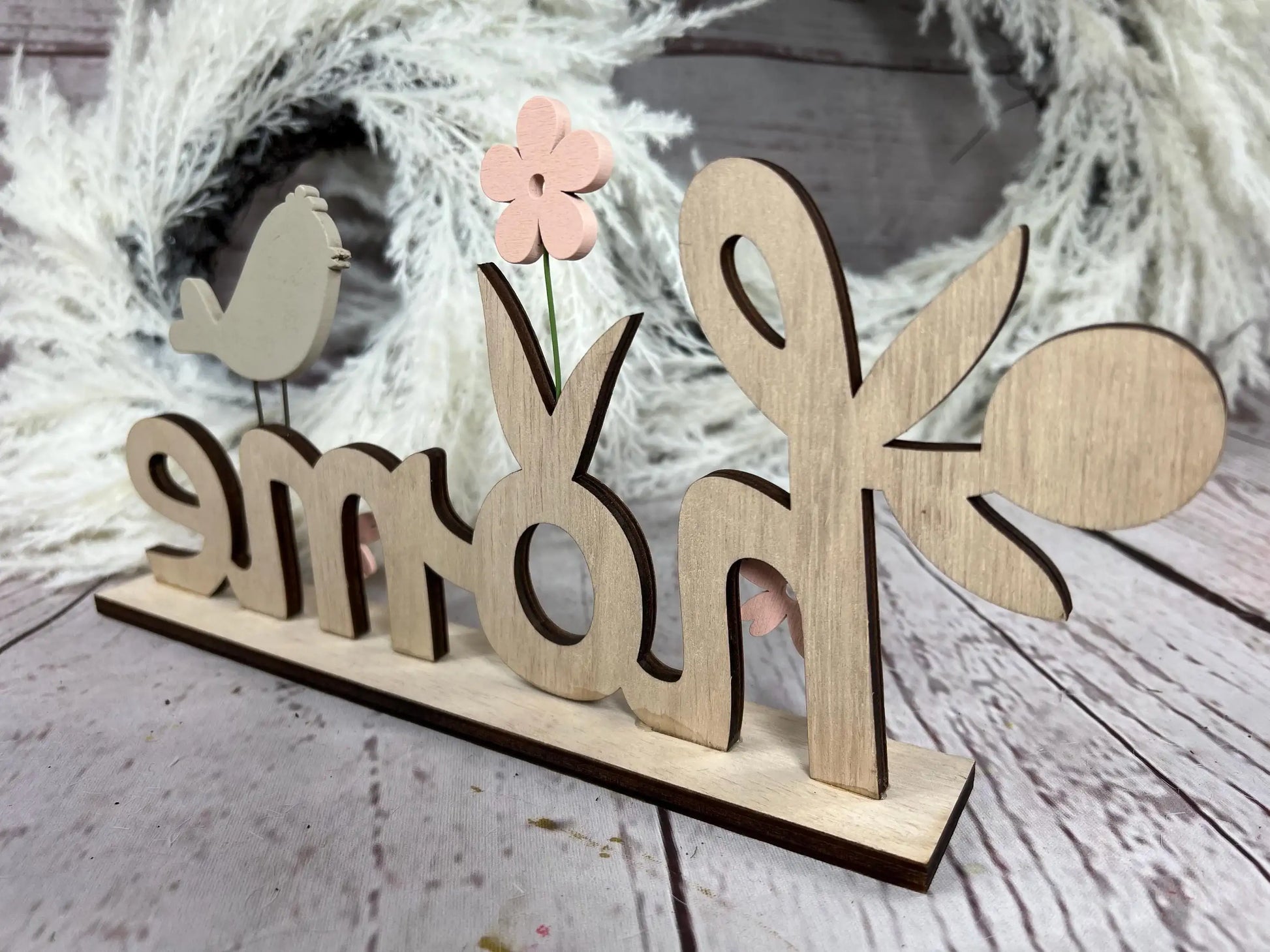 Schrift Home Holz Schild 15x29cm Deko Frühling Sommer ganzjährig Tür Schmuck – handgemacht aus Seiden- und Kunstblumen, langlebig & pflegeleicht von SarahsFlowerStudio