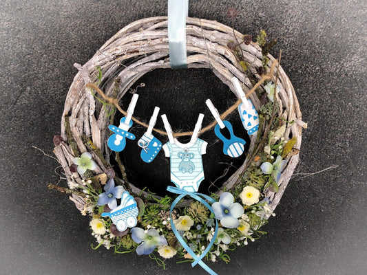 Türkranz Türdeko Türschmuck Geburt Wäscheleine Schnuller Trinkflasche Rassel Body Strampler Modern ganzjährig Geschenk zur Geburt Herbst – handgemacht aus Seiden- und Kunstblumen, langlebig & pflegeleicht von SarahsFlowerStudio