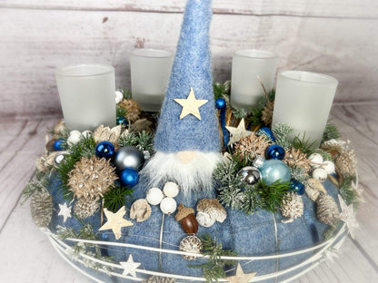 Adventskranz Gläser Wichtel Kugel Sterne Draht Tanne Filz Haltbar Künstlich – handgemacht aus Seiden- und Kunstblumen, langlebig & pflegeleicht von SarahsFlowerStudio