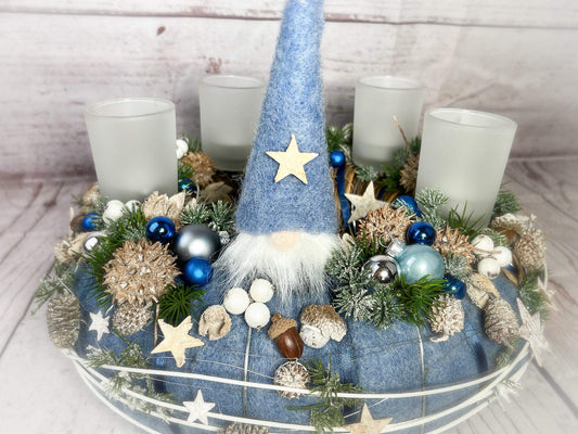 Adventskranz Gläser Wichtel Kugel Sterne Draht Tanne Filz Haltbar Künstlich – handgemacht aus Seiden- und Kunstblumen, langlebig & pflegeleicht von SarahsFlowerStudio