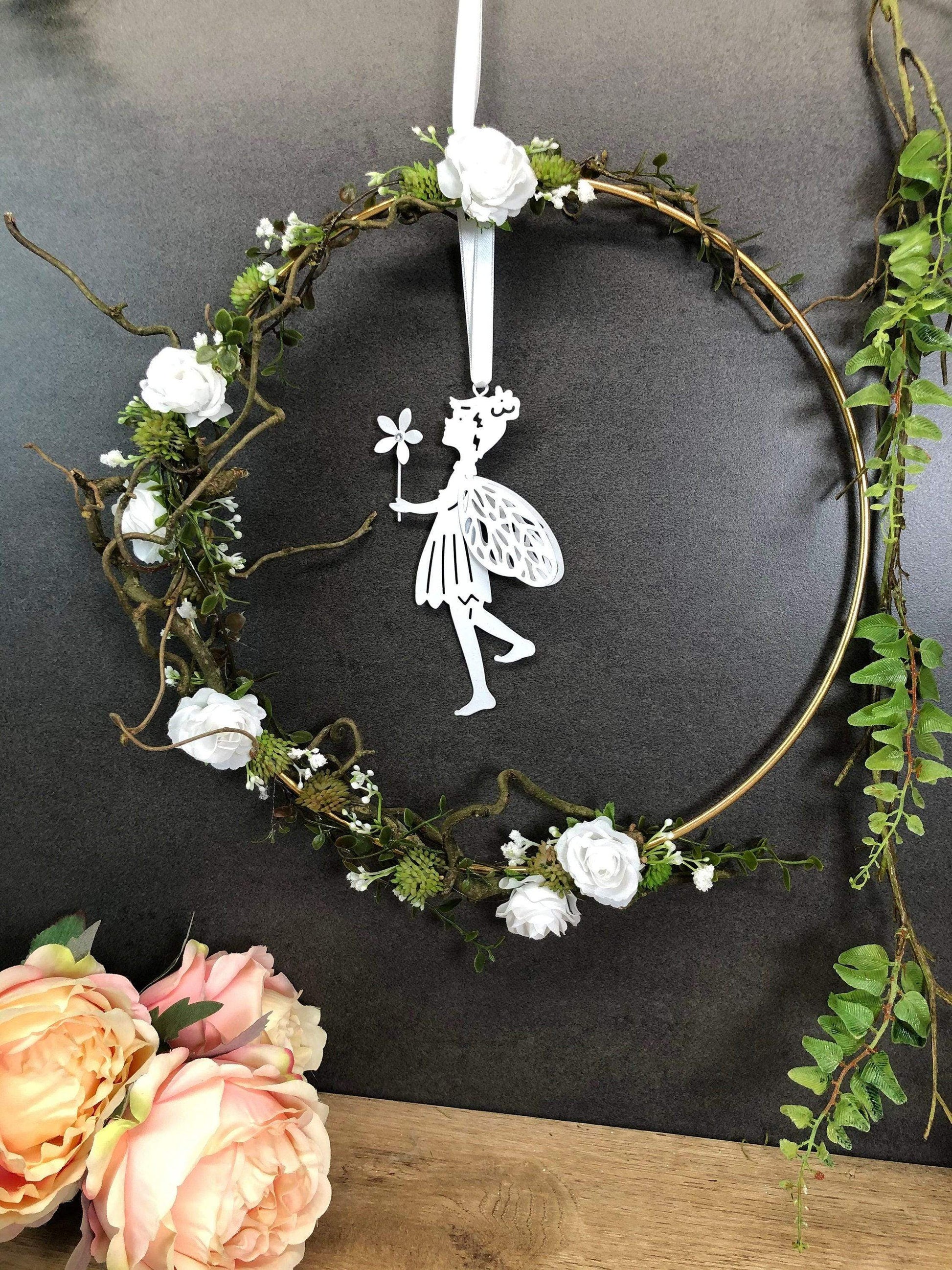 Türkranz ganzjährig Modern Türdeko Tür Schmuck Wunschgröße ganzjährig Fee Boho Band Fee Ring Goldring Metallring Herbst – handgemacht aus Seiden- und Kunstblumen, langlebig & pflegeleicht von SarahsFlowerStudio