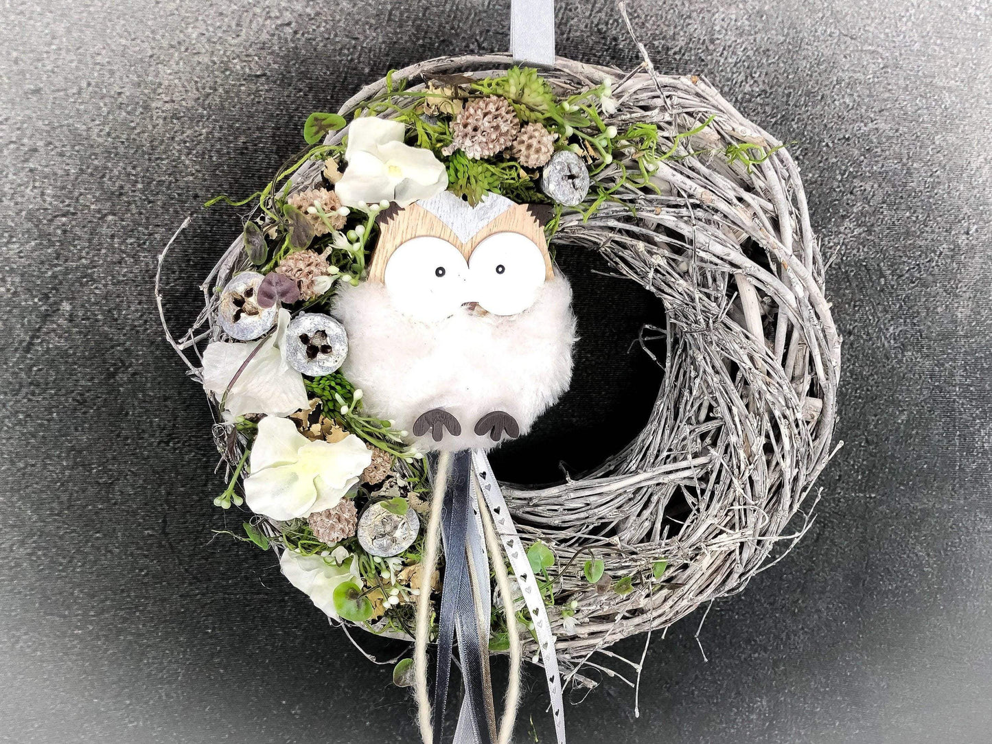 Türkranz Türdeko Türschmuck Eule Modern ganzjährig Tür Schmuck Herbst – handgemacht aus Seiden- und Kunstblumen, langlebig & pflegeleicht von SarahsFlowerStudio