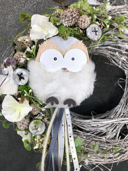 Türkranz Türdeko Türschmuck Eule Modern ganzjährig Tür Schmuck Herbst – handgemacht aus Seiden- und Kunstblumen, langlebig & pflegeleicht von SarahsFlowerStudio