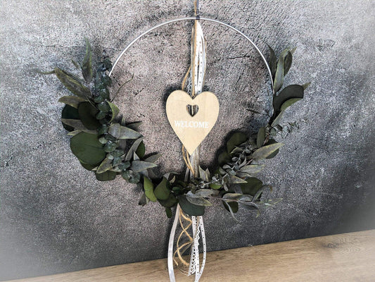 Türkranz Herz Welcome Herbst Kranz Ring Eukalyptus Wandkranz Trockenblumen Natur natürlich Hoop Herbst Herbstlich – handgemacht aus Seiden- und Kunstblumen, langlebig & pflegeleicht von SarahsFlowerStudio
