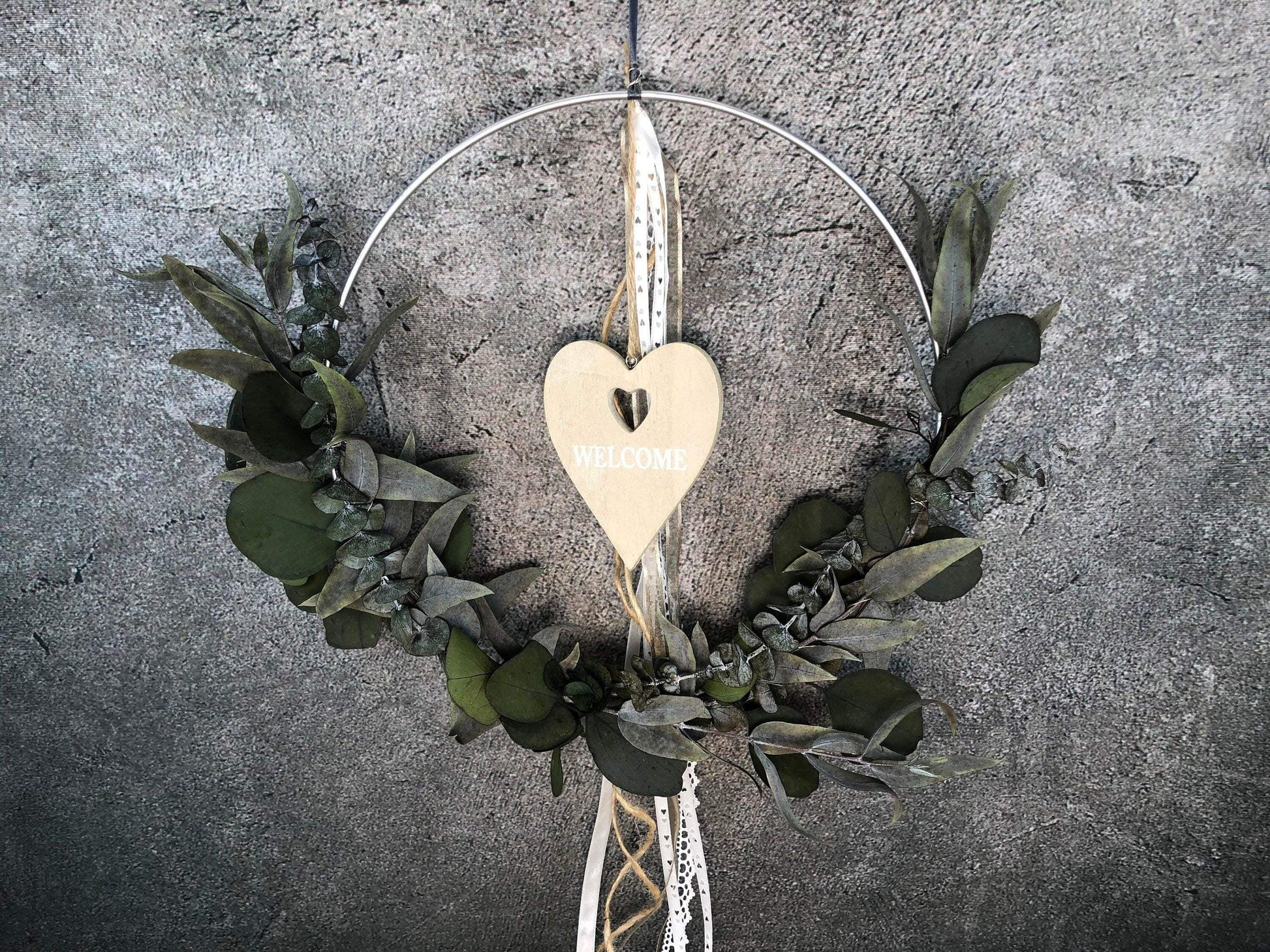 Türkranz Herz Welcome Herbst Kranz Ring Eukalyptus Wandkranz Trockenblumen Natur natürlich Hoop Herbst Herbstlich – handgemacht aus Seiden- und Kunstblumen, langlebig & pflegeleicht von SarahsFlowerStudio