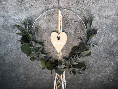 Türkranz Herz Welcome Herbst Kranz Ring Eukalyptus Wandkranz Trockenblumen Natur natürlich Hoop Herbst Herbstlich – handgemacht aus Seiden- und Kunstblumen, langlebig & pflegeleicht von SarahsFlowerStudio