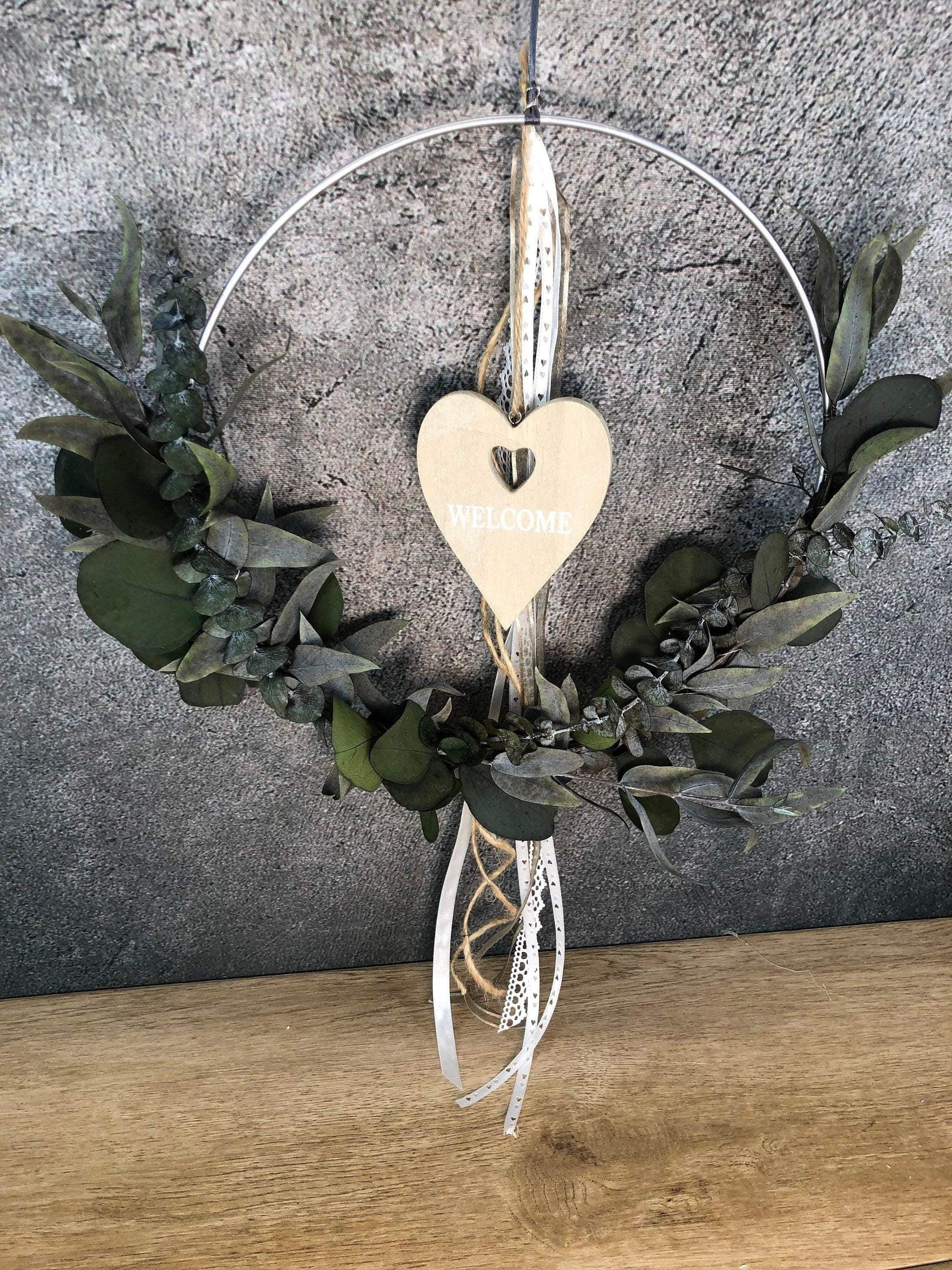 Türkranz Herz Welcome Herbst Kranz Ring Eukalyptus Wandkranz Trockenblumen Natur natürlich Hoop Herbst Herbstlich – handgemacht aus Seiden- und Kunstblumen, langlebig & pflegeleicht von SarahsFlowerStudio