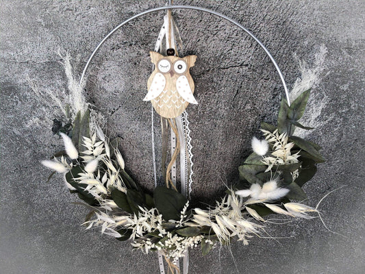 Türkranz Eule Kranz Ring Eukalyptus Gräser Wandkranz Trockenblumen Natur natürlich Hoop Herbst Herbstlich – handgemacht aus Seiden- und Kunstblumen, langlebig & pflegeleicht von SarahsFlowerStudio