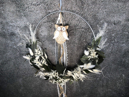 Türkranz Eule Kranz Ring Eukalyptus Gräser Wandkranz Trockenblumen Natur natürlich Hoop Herbst Herbstlich – handgemacht aus Seiden- und Kunstblumen, langlebig & pflegeleicht von SarahsFlowerStudio