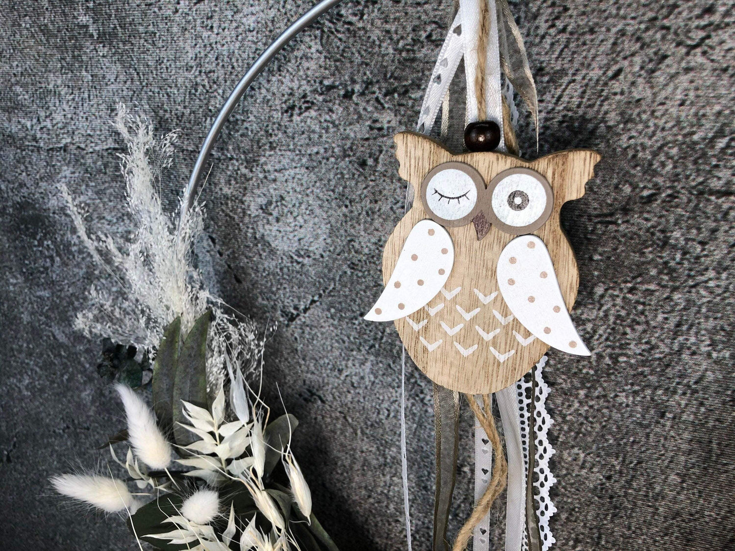 Türkranz Eule Kranz Ring Eukalyptus Gräser Wandkranz Trockenblumen Natur natürlich Hoop Herbst Herbstlich – handgemacht aus Seiden- und Kunstblumen, langlebig & pflegeleicht von SarahsFlowerStudio