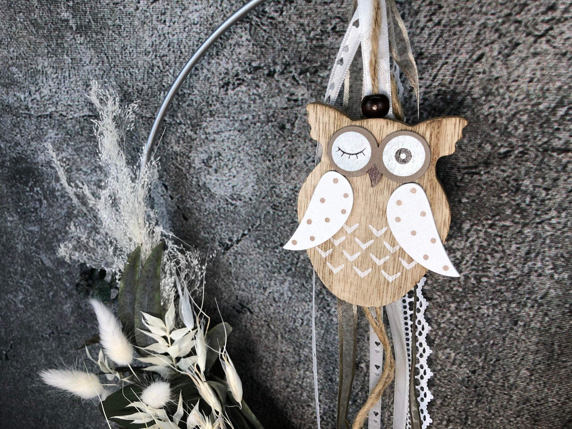 Türkranz Eule Kranz Ring Eukalyptus Gräser Wandkranz Trockenblumen Natur natürlich Hoop Herbst Herbstlich – handgemacht aus Seiden- und Kunstblumen, langlebig & pflegeleicht von SarahsFlowerStudio