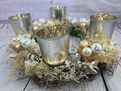 Adventskranz Adventskalender Gläser Windlicht Teelichtgläser Teelichthalter Pampas natürlich Ruskus Zapfen Modern mehrjährig Rund – handgemacht aus Seiden- und Kunstblumen, langlebig & pflegeleicht von SarahsFlowerStudio