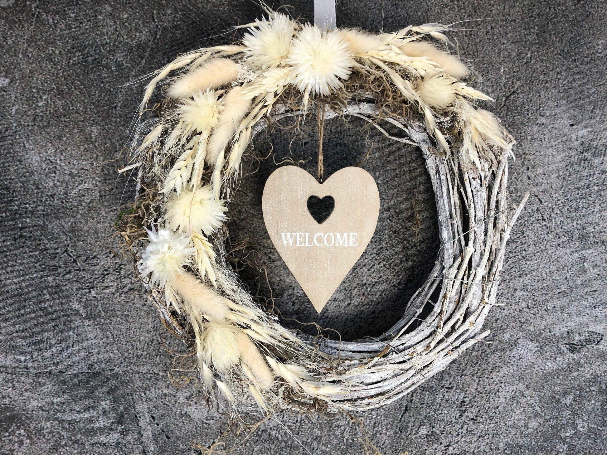 Türkranz Kranz Türschmuck Welcome Herz Gräser Herbst Herbstlich Trockenblumen Trockenmaterial Natur natürlich dried bouquet dried Flowers – handgemacht aus Seiden- und Kunstblumen, langlebig & pflegeleicht von SarahsFlowerStudio