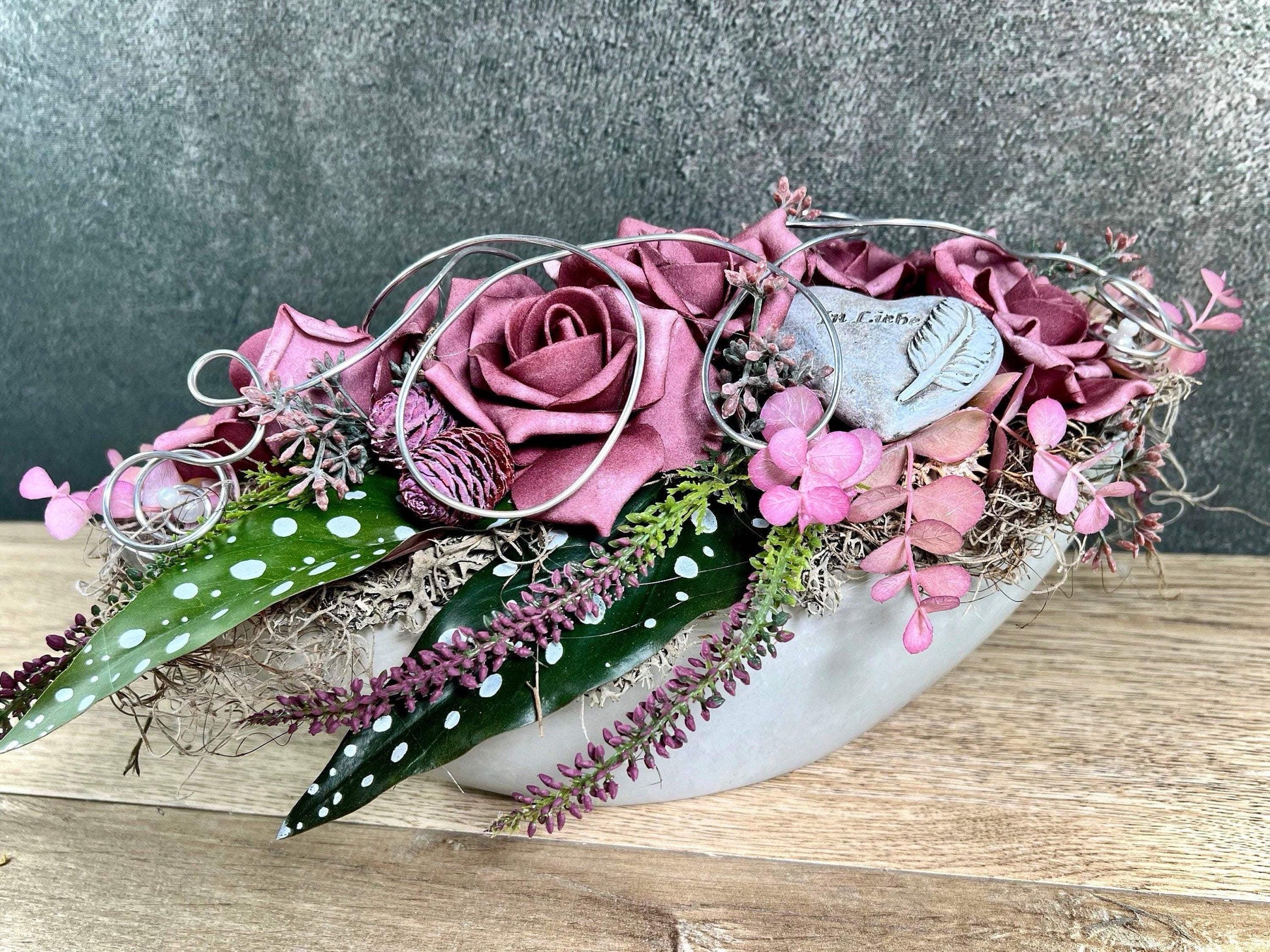 Grabschmuck Herz Rose Seidenblumen – würdevoll & langlebig – für Außen – Grabgesteck – SarahsFlowerStudio