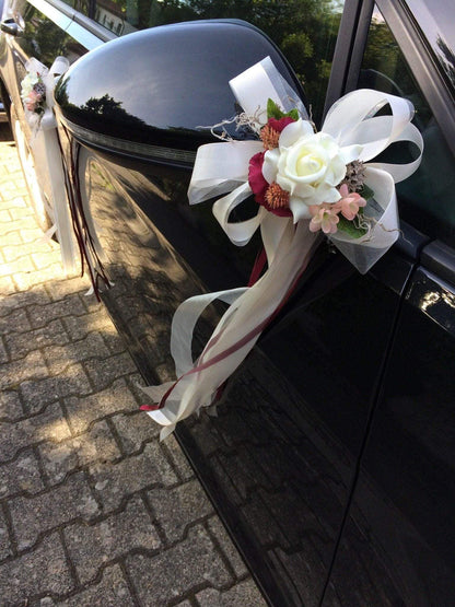 2 Autoschleifen für Seitenspiegel Kirchenbank in Wunschfarbe große Schleife Dekoration Rose – handgemacht aus Seiden- und Kunstblumen, langlebig & pflegeleicht von SarahsFlowerStudio