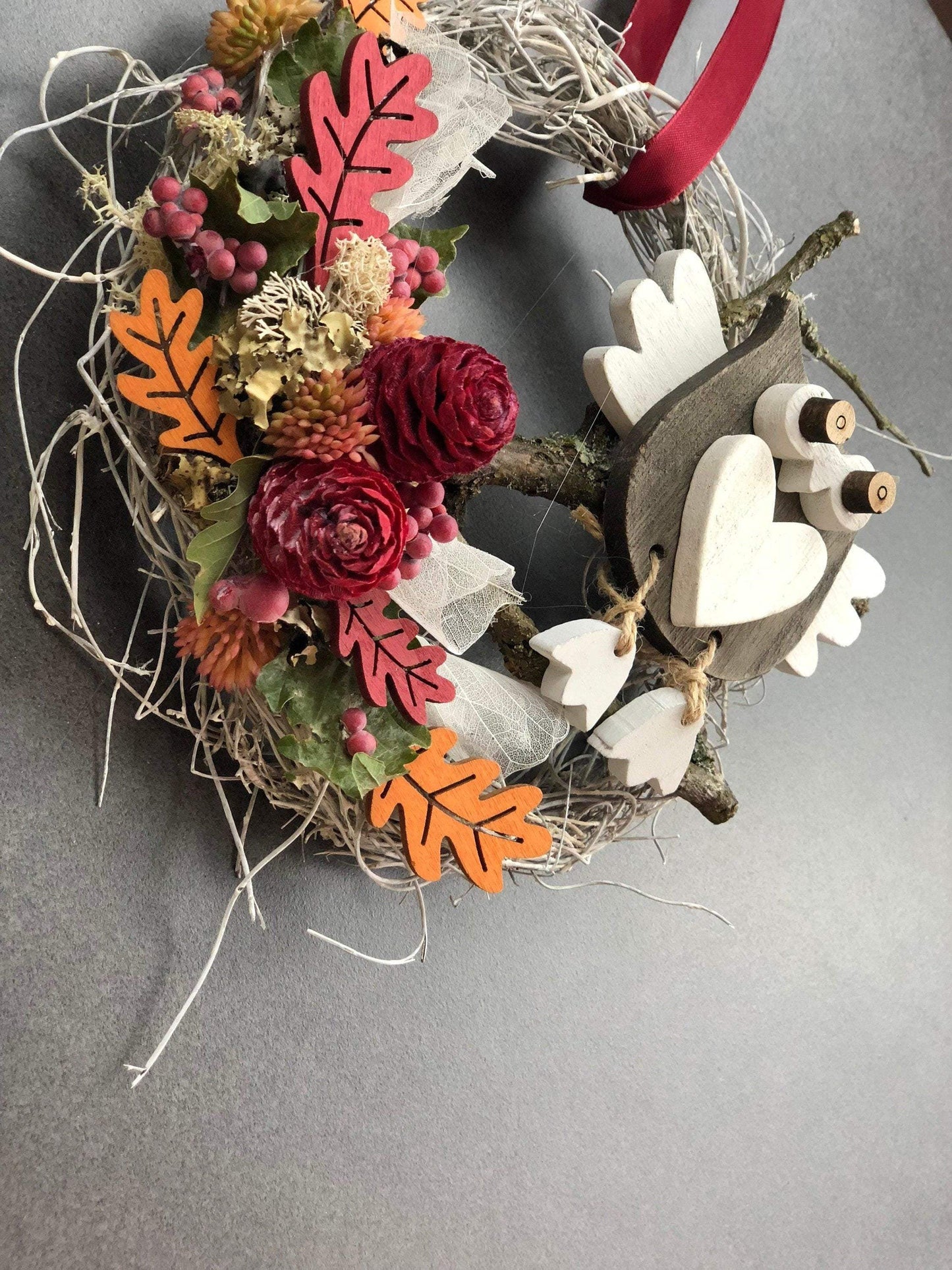 Türkranz 22cm Türdeko Türschmuck Eule Modern Tür Schmuck Herbst herbstlich ganzjährig Herbst – handgemacht aus Seiden- und Kunstblumen, langlebig & pflegeleicht von SarahsFlowerStudio