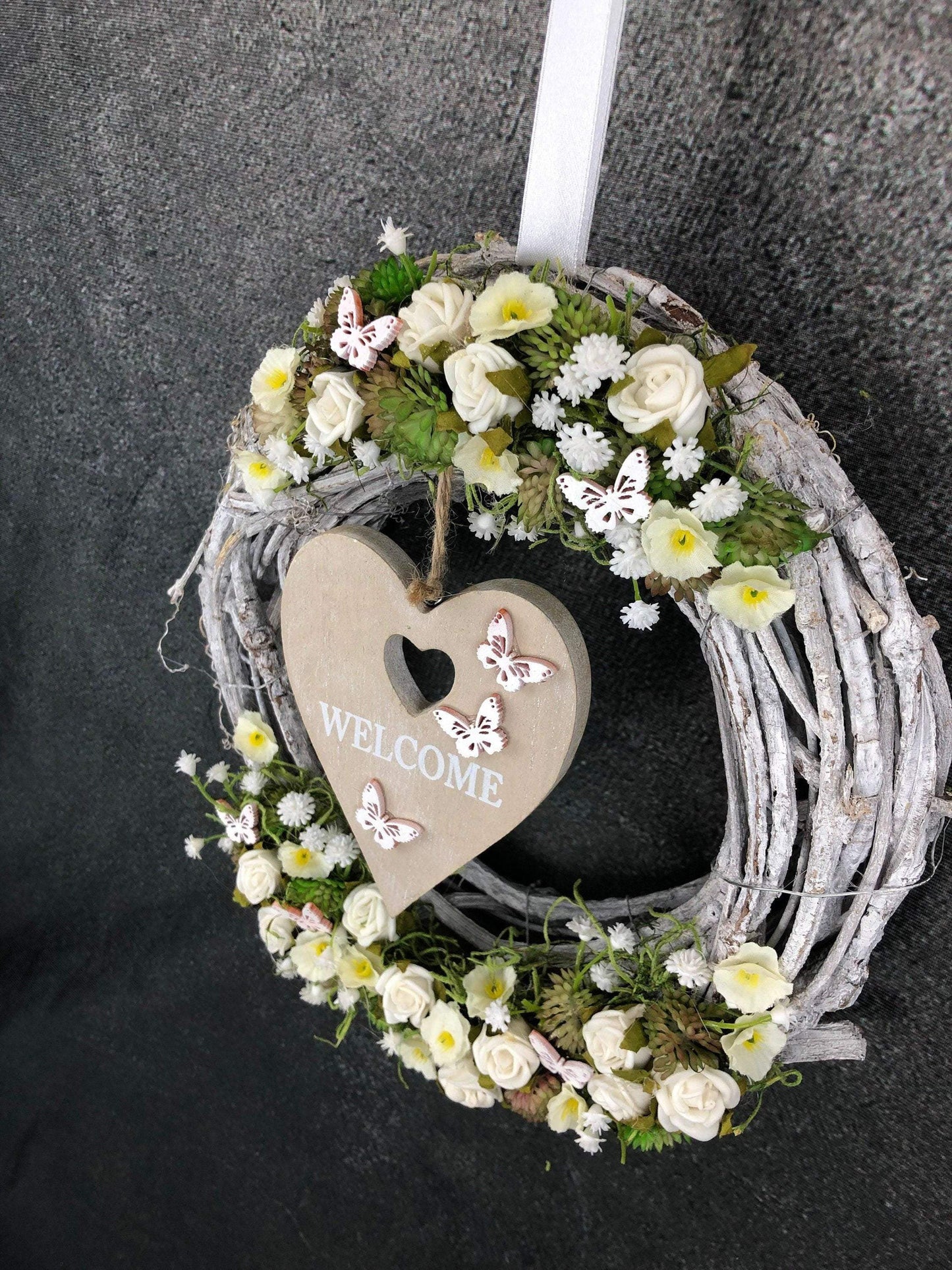 Türkranz Türdeko Türschmuck Herz Welcome Modern ganzjährig Tür Schmuck Herbst – handgemacht aus Seiden- und Kunstblumen, langlebig & pflegeleicht von SarahsFlowerStudio