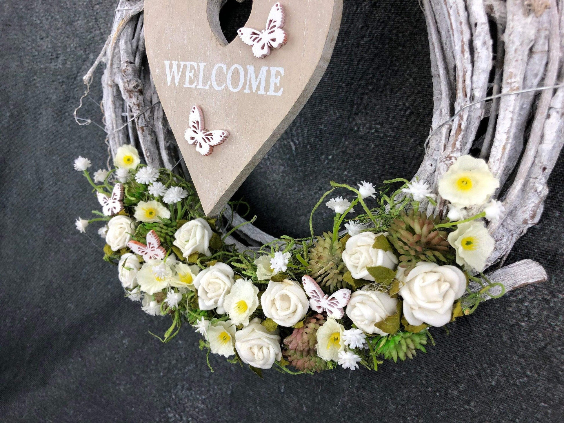 Türkranz Türdeko Türschmuck Herz Welcome Modern ganzjährig Tür Schmuck Herbst – handgemacht aus Seiden- und Kunstblumen, langlebig & pflegeleicht von SarahsFlowerStudio