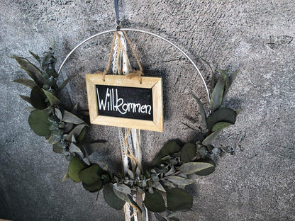 Türkranz Tafel Willkommen Herbst Kranz Ring Eukalyptus Wandkranz Trockenblumen Natur natürlich Hoop Herbst Herbstlich – handgemacht aus Seiden- und Kunstblumen, langlebig & pflegeleicht von SarahsFlowerStudio