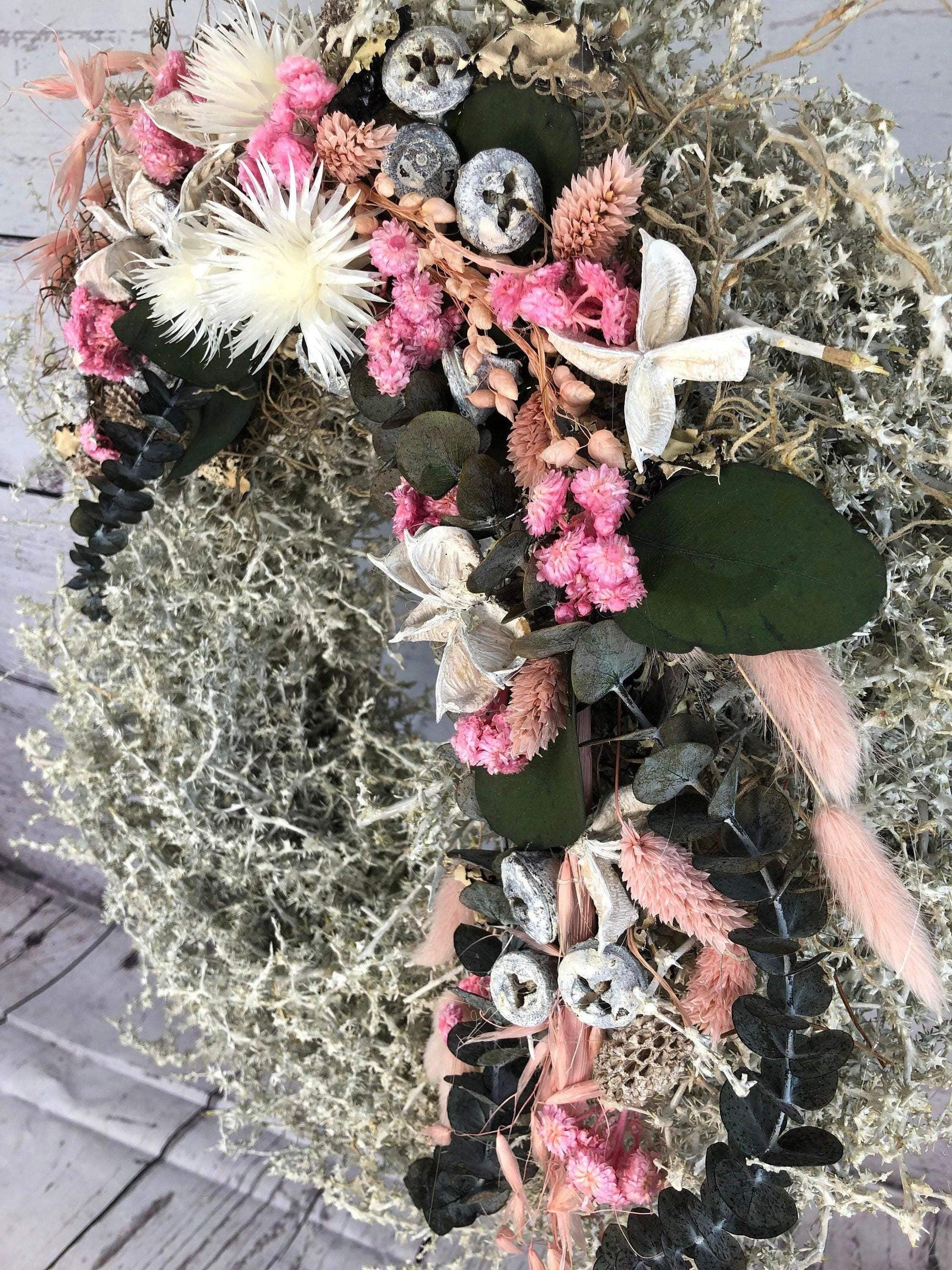 Türkranz Kranz Natur Trrockenblumen Trockenmaterial Handgebunden Modern ganzjährig Asperagus Eukalyptus Herbst – handgemacht aus Seiden- und Kunstblumen, langlebig & pflegeleicht von SarahsFlowerStudio