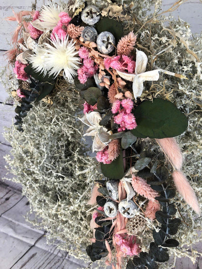 Türkranz Kranz Natur Trrockenblumen Trockenmaterial Handgebunden Modern ganzjährig Asperagus Eukalyptus Herbst – handgemacht aus Seiden- und Kunstblumen, langlebig & pflegeleicht von SarahsFlowerStudio