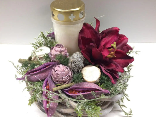 Grabgesteck Gesteck Grab Allerheiligen mit Kerze 22cm Grabdeko Grabdekoration Allerheiligen – handgemacht aus Seiden- und Kunstblumen, langlebig & pflegeleicht von SarahsFlowerStudio