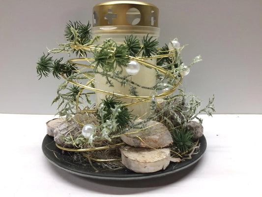 Grabgesteck Florales Windlicht Allerheiligen mit Kerze 20cm Grabdekoration Grabschmuck Allerheiligen – handgemacht aus Seiden- und Kunstblumen, langlebig & pflegeleicht von SarahsFlowerStudio