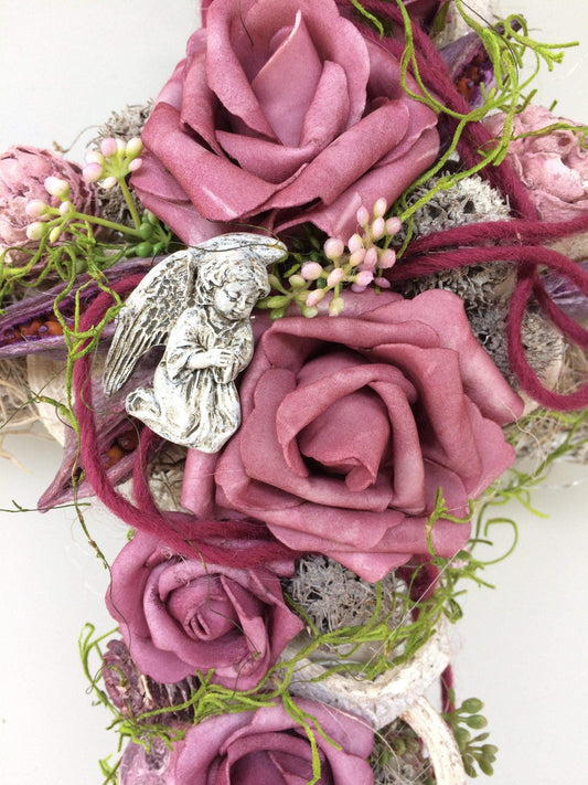 Grabkreuz mit Rose – Grabschmuck Seidenblumen Wunschfarbe – Grabgesteck – SarahsFlowerStudio