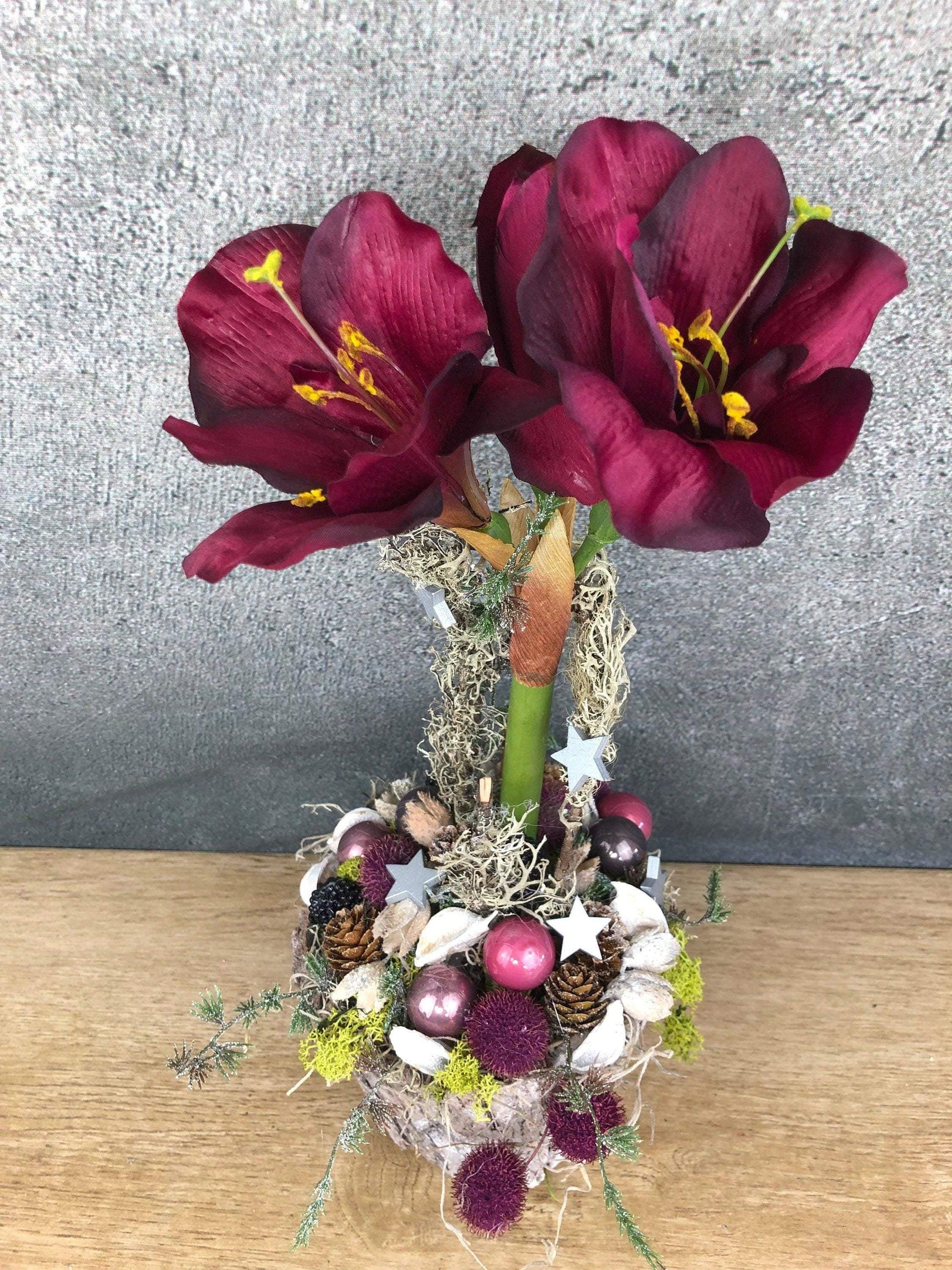 Adventsgesteck Gesteck Amaryllis Beere Modern Rund Moos Thuja Zapfen Rot Weiß – handgemacht aus Seiden- und Kunstblumen, langlebig & pflegeleicht von SarahsFlowerStudio