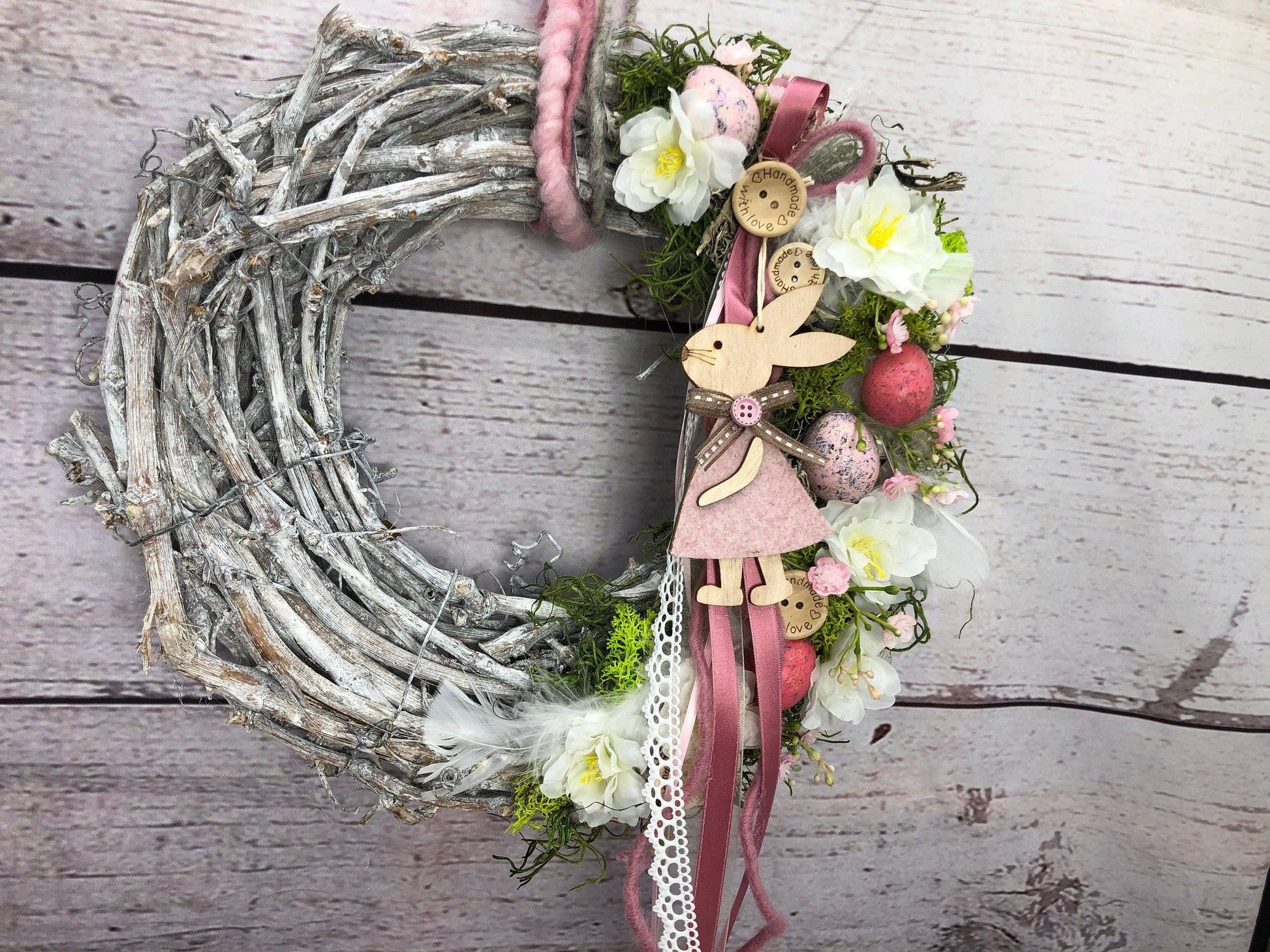 Türkranz Frühlling Hasen & Schleierkraut – Osterkranz Seidenblumen Türdeko – Türkranz – SarahsFlowerStudio