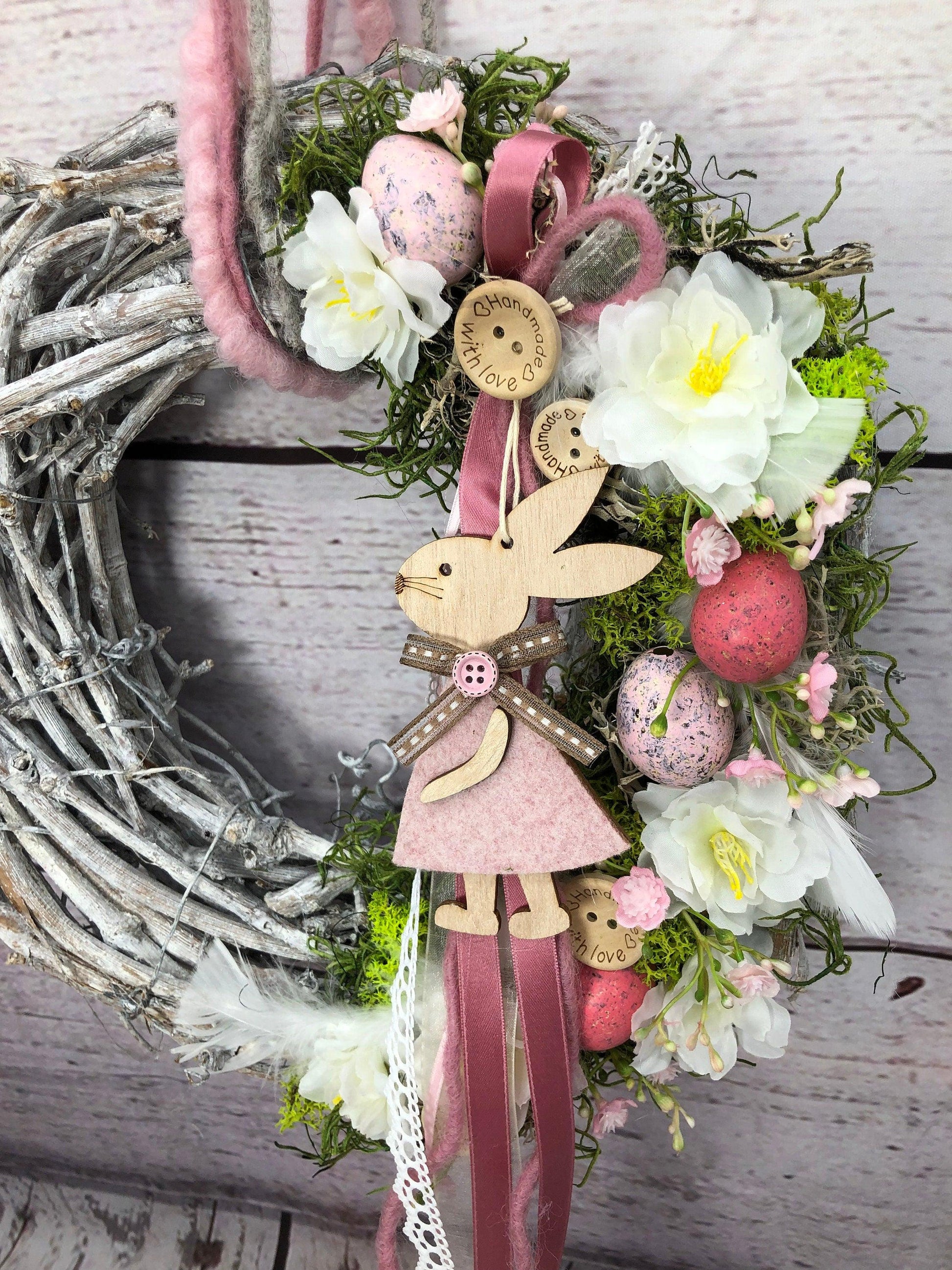 Türkranz Frühlling Hasen & Schleierkraut – Osterkranz Seidenblumen Türdeko – Türkranz – SarahsFlowerStudio