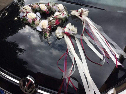 Autoschmuck Set 3 Teilig Herz und Schleifen Autodekoration Autoblumenschmuck Gesteck Hochzeit Kutschen Schmuck Kutschendeko Kutsche Wedding – handgemacht aus Seiden- und Kunstblumen, langlebig & pflegeleicht von SarahsFlowerStudio