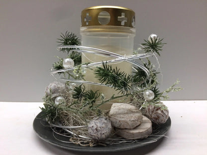 Grabgesteck Florales Windlicht Allerheiligen mit Kerze 20cm Grabdeko Grabdekoration – handgemacht aus Seiden- und Kunstblumen, langlebig & pflegeleicht von SarahsFlowerStudio