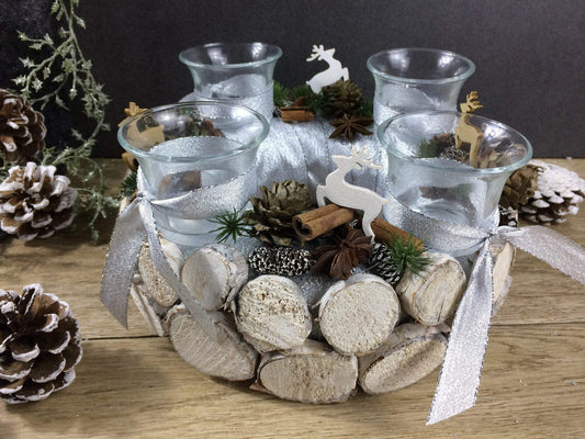 Adventskranz Wunschfarbe Hirsch Zapfen Birke Wunschfarbe Teelicht Anis Zimt – handgemacht aus Seiden- und Kunstblumen, langlebig & pflegeleicht von SarahsFlowerStudio