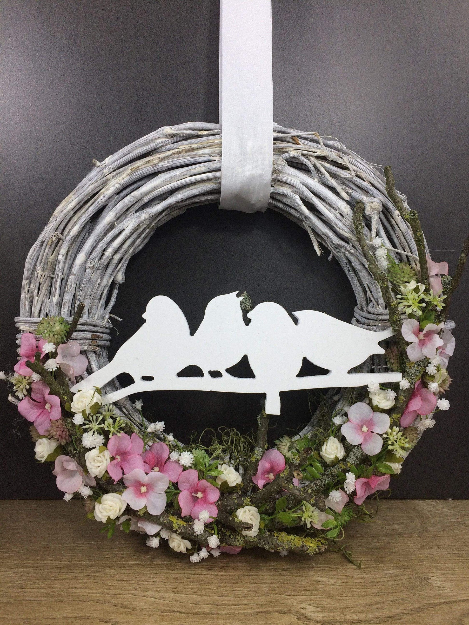 Türkranz 35cm Türdeko Türschmuck Vogel Vögel Hortensie Rosen Schleierkraut ZweigeModern ganzjährig Tür Schmuck Herbst – handgemacht aus Seiden- und Kunstblumen, langlebig & pflegeleicht von SarahsFlowerStudio