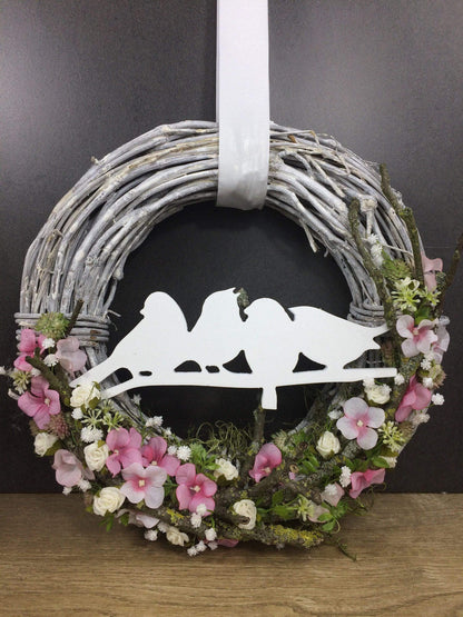 Türkranz 35cm Türdeko Türschmuck Vogel Vögel Hortensie Rosen Schleierkraut ZweigeModern ganzjährig Tür Schmuck Herbst – handgemacht aus Seiden- und Kunstblumen, langlebig & pflegeleicht von SarahsFlowerStudio
